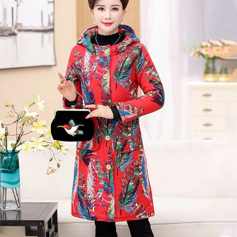 

2019 New Autumn Winter Middle-aged Cotton long coat Vintage elegant warm thick Hooded Print Plus Size coat cc664