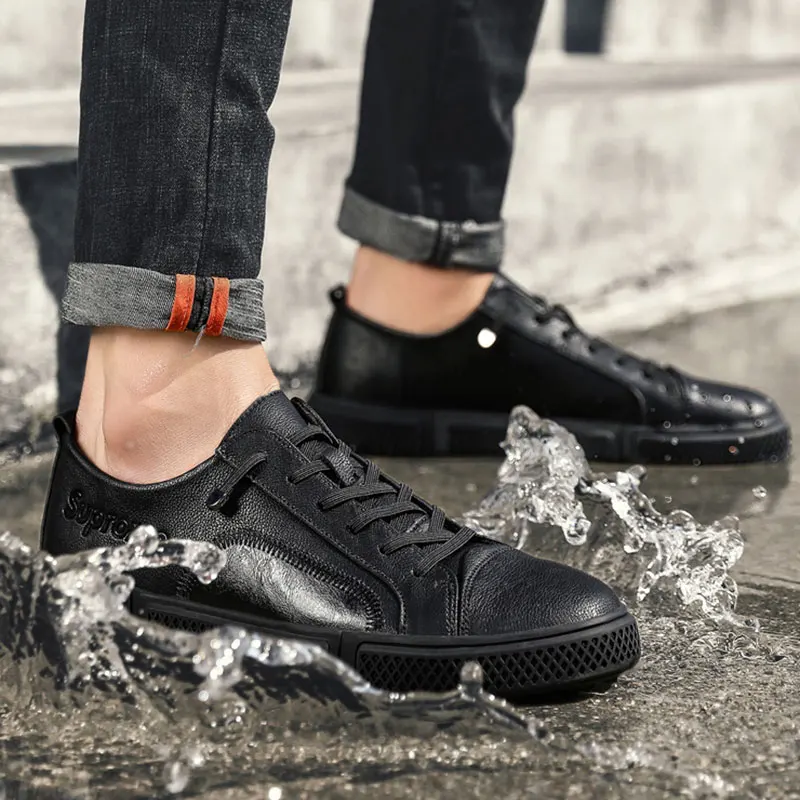 Мужские кроссовки кожаная повседневная обувь дышащая Классическая Черная
