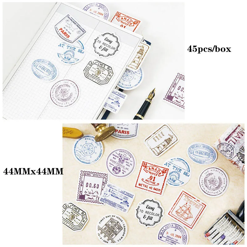 travel Retro stamp Adhesive Paper Flake label stickers DIY Scrapbooking decoration Office Memo planner Paper stickers 45pcs/box
