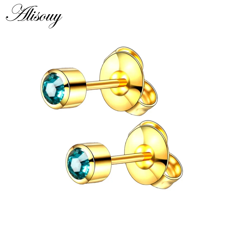 Gold-Light Blue 2 шт стальные серьги-гвоздики, пирсинг для ушей, камень по месяцу рождения, драгоценный камень, серьги-гвоздики, серебро/золото, цветные серьги-гвоздики, ушной хрящ, ювелирные изделия для тела - Окраска металла: Gold-Light Blue