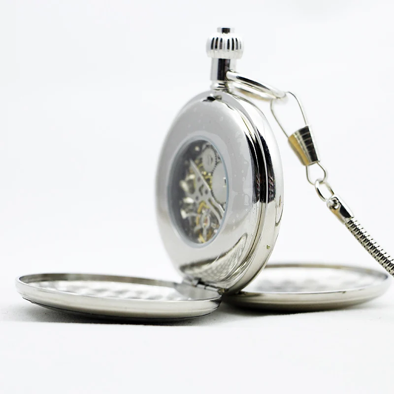 Silver Luxury Mesh Carved Double Opening Manual Mechanical Pocket Watch Royal Emblem Gentleman Style Pendant Necklace Clock