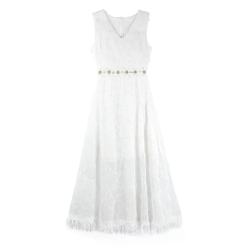 

High quality summer lady's long lace dress elegant female sleeveless floral lace dress embroidery lace dress