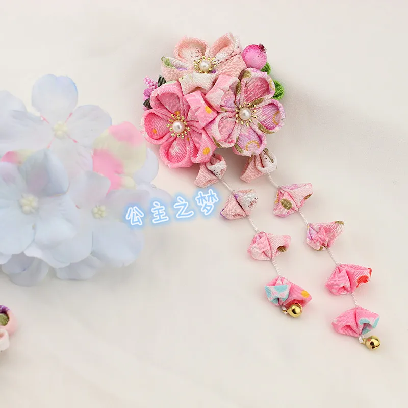 Розовый Ручная работа Sakura Kanzashi заколки-крабы для волос орнамент Кристалл японский стиль аксессуары для кимоно Выпускной Свадебная церемония HW023 - Цвет: Розовый