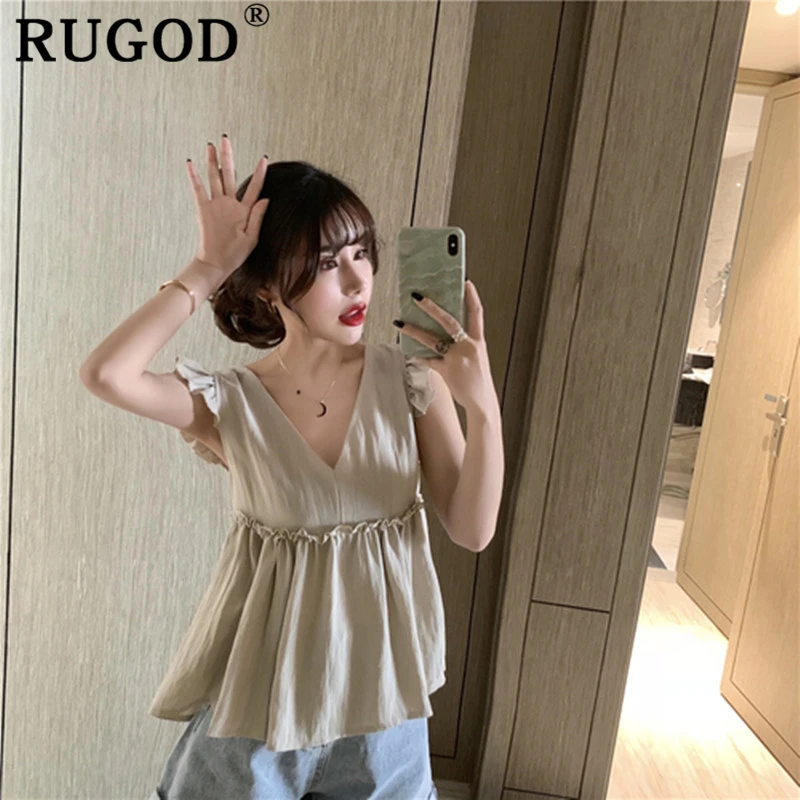 RUGOD Vintage white lace up women shirts Elegant V neck sleeveless solid blouse female 2019 summer korean ruffles tops ladies | Женская