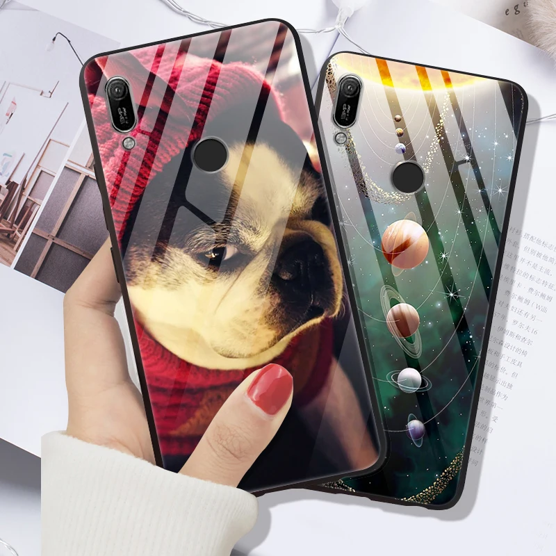 Чехол для Huawei Y6 2019 Твердый чехол со стеклом с мягким закаленным Бампером MRD-LX1 Y 6 pro