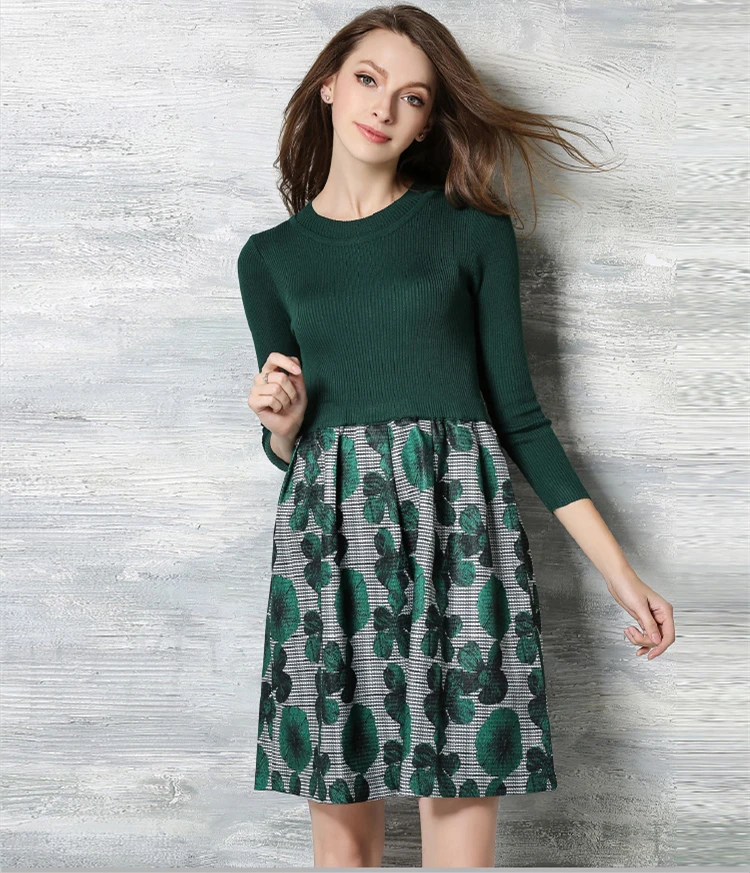 Новинка вязаный пэчворк вышивки тонкий платья 2016 с длинным рукавом о образным