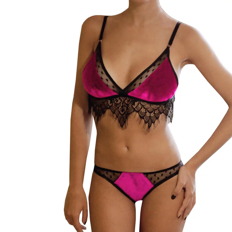 Комплект женского кружевного бархатного нижнего белья однотонный бюстгальтер