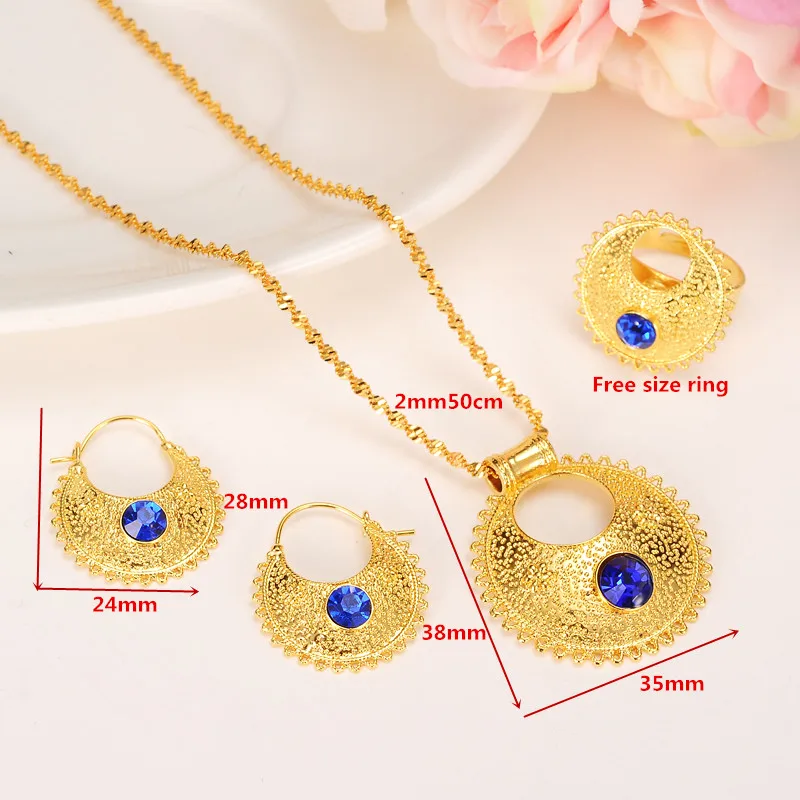 

crystal Ethiopian Jewelry sets stonePendant Necklaces/Earrings/Ring Ethiopia Gold zircon Africa Wedding bridal Eritrea Set Gift