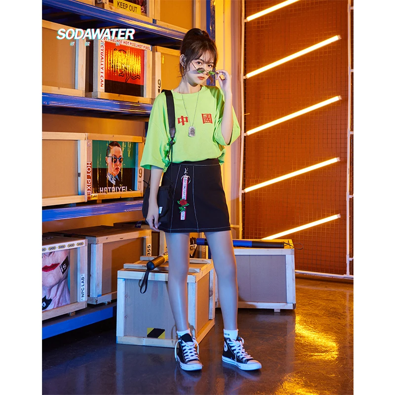 Женская юбка-трапеция SODAWATER черная мини-юбка из 100% хлопка с высокой талией лето 2019