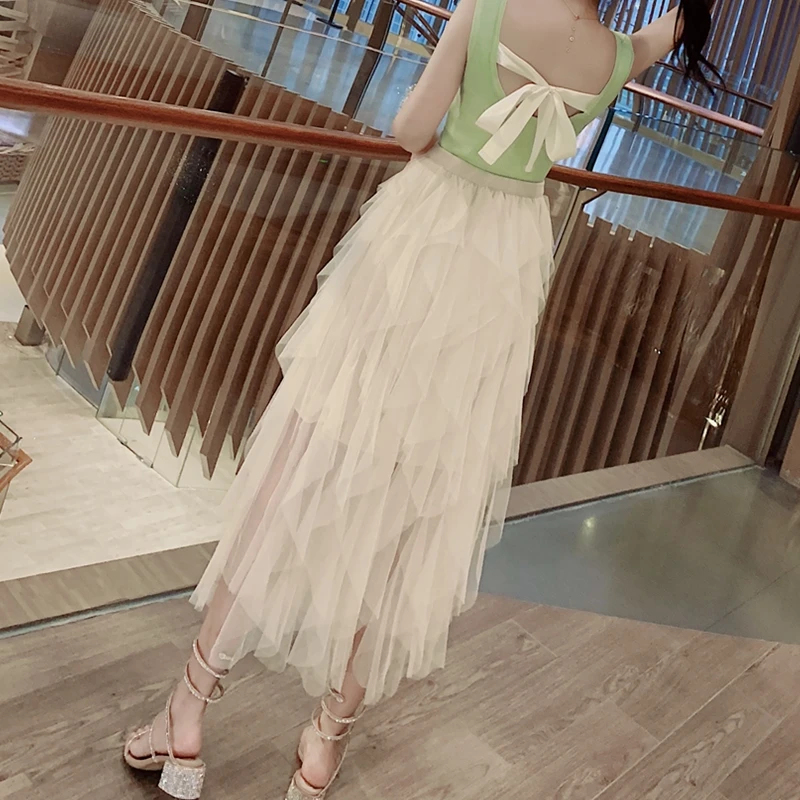Новая многослойная юбка плиссированная средней длины и сетчатая Феи весной