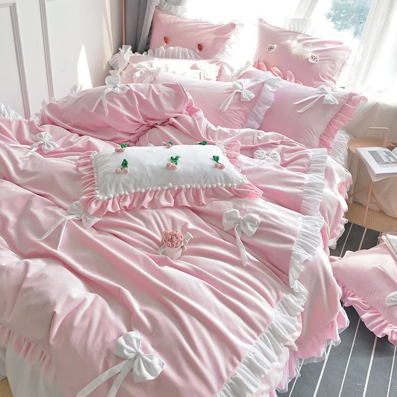 Коралловое флисовое розовое постельное белье с бантиками и цветами корейский