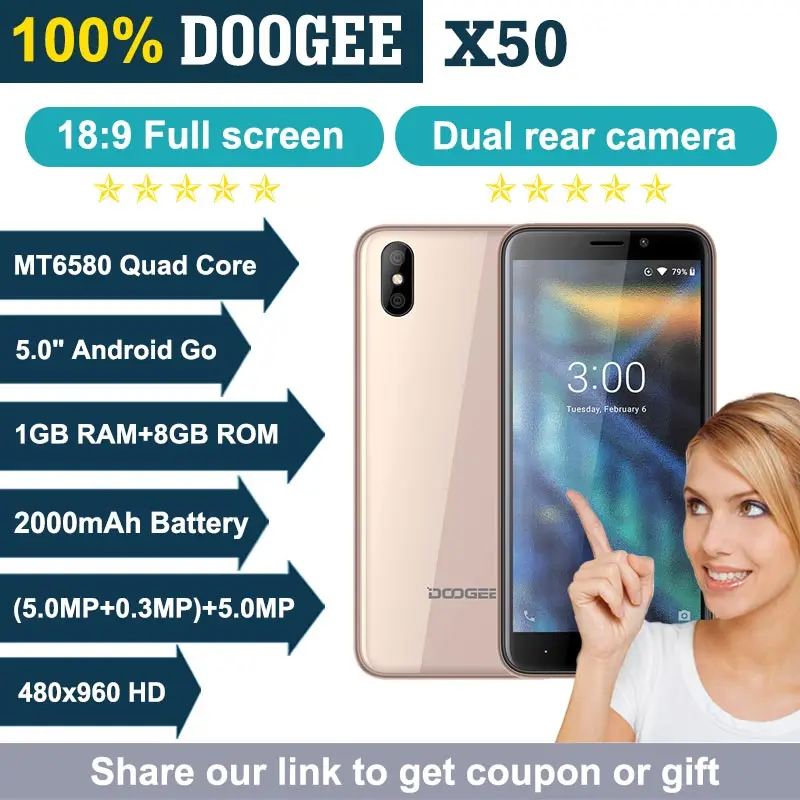 DOOGEE X50 мобильный телефон Android 8 1 5 0 &quot18:9 четырехъядерный процессор MTK6580M ГБ ОЗУ Гб