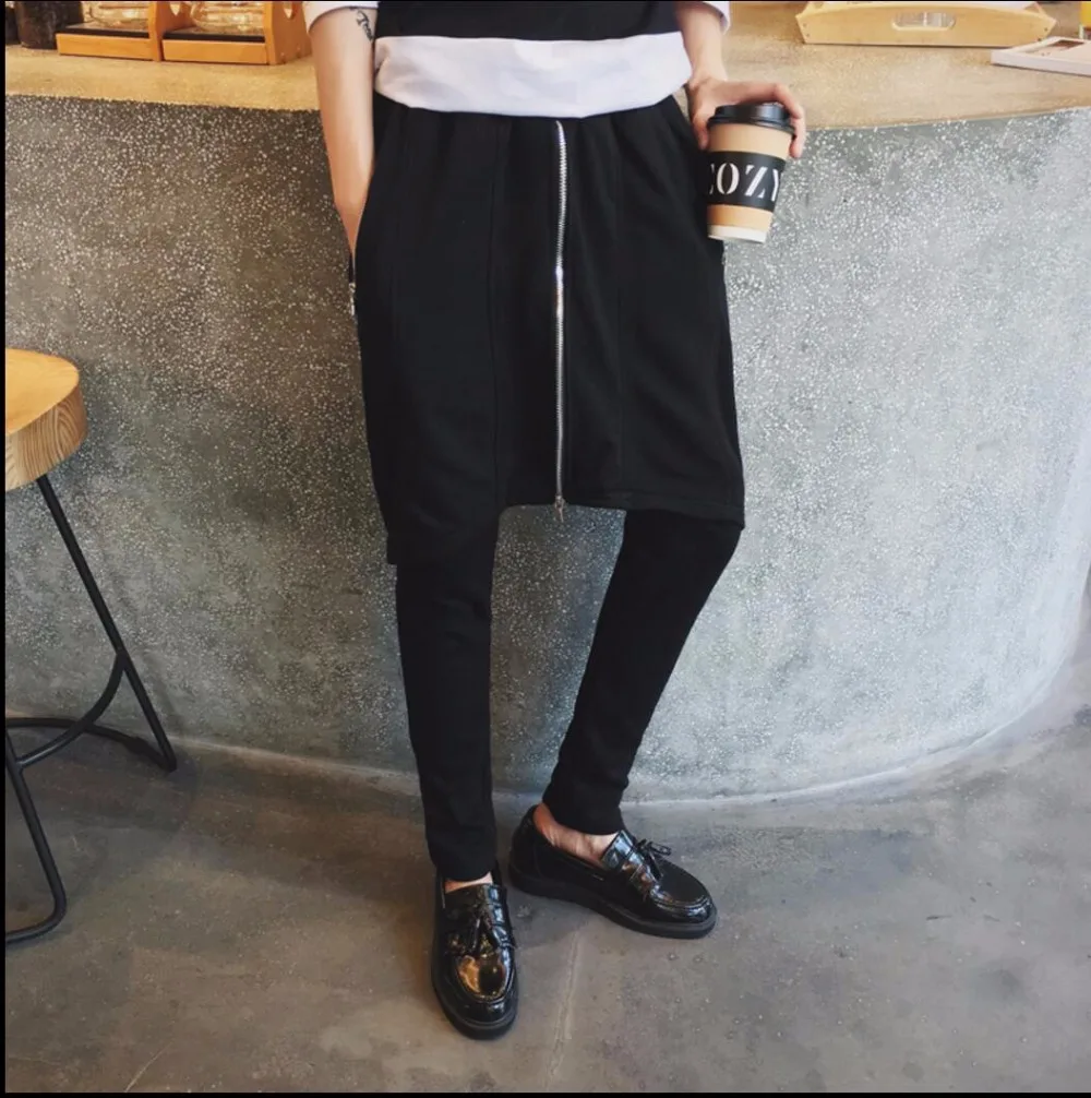 M-5xl Autumn New Men's Punk Faux Two Piece Personality Harem Pants Slim Trousers Skirt Tide Zipper Culottes Hairstyles Costumes | Мужская