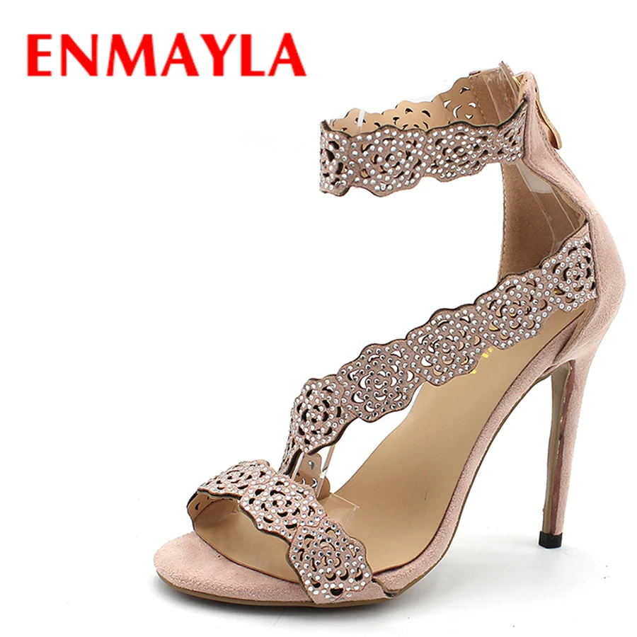 ENMAYLA Womens High Heels Shoes Summer Ladies Gladiator Sandals Women Faux Suede Open Toe Rhinestone Strappy Woman|sandals shoes women|sandal