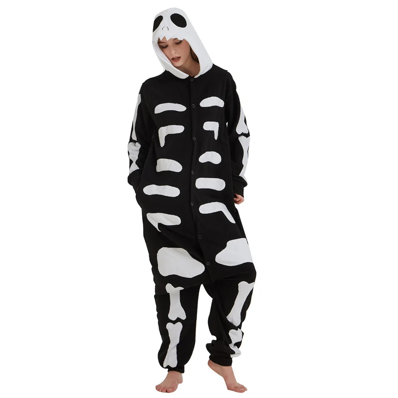 Флис мультфильм череп Kigurumi комбинезон скелет Для женщин пижамы вечерние Пижама