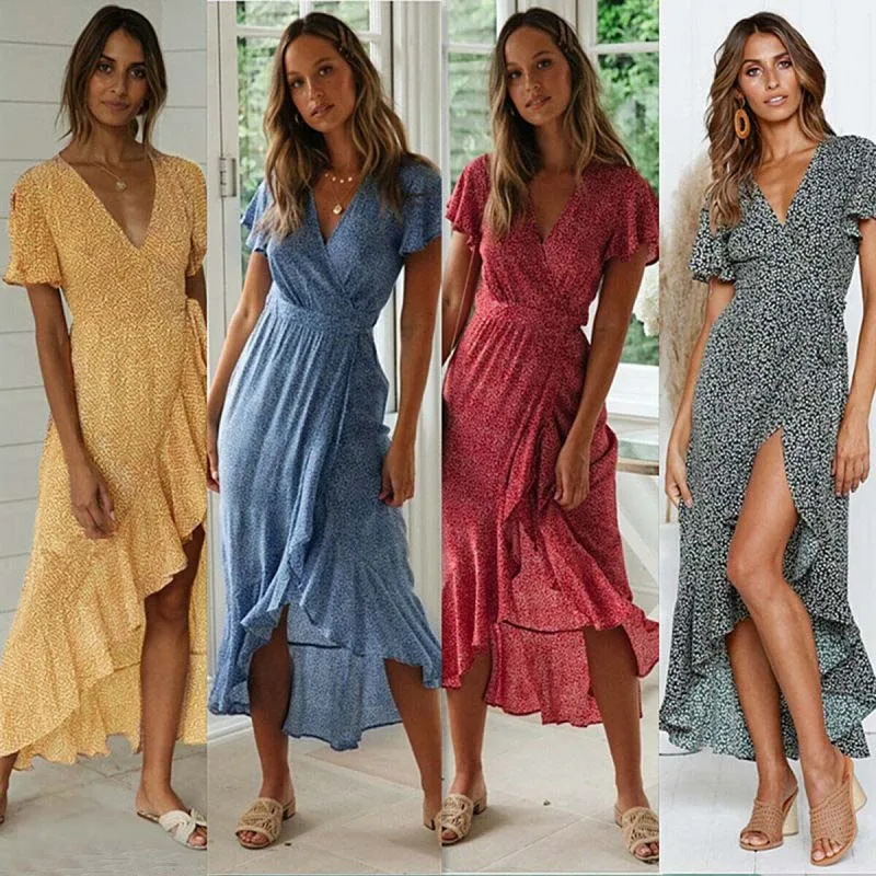 

Women Wrap Summer Boho Floral Long Maxi Print Dress Ladies Holiday Beach