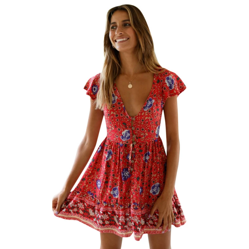 Boho шикарное летнее винтажное мини-платье с цветочным принтом и птицами для