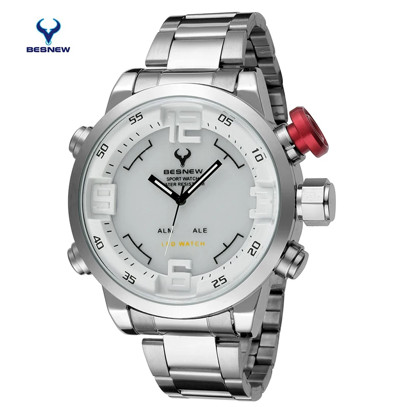 BESTNEW Цифровой СВЕТОДИОДНЫЕ часы Люксовый Бренд Полный стали Кварцевые мужская