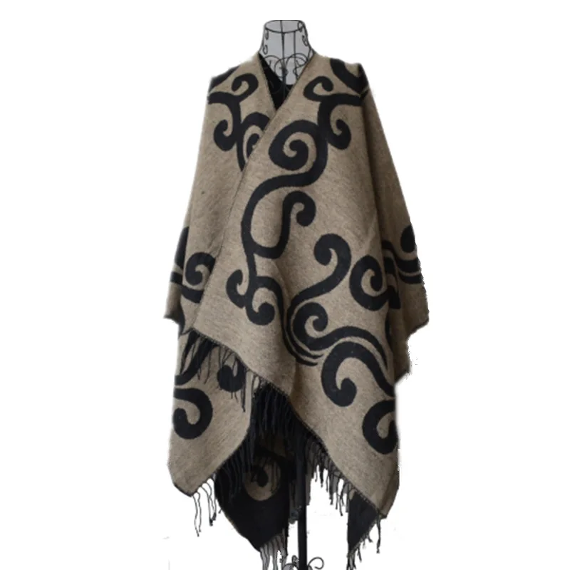 Модный шерстяной двусторонний цветочный шарф с цветочным принтом в этническом стиле с кисточками винтажное открытое пончо накидка большого размера Теплые шали