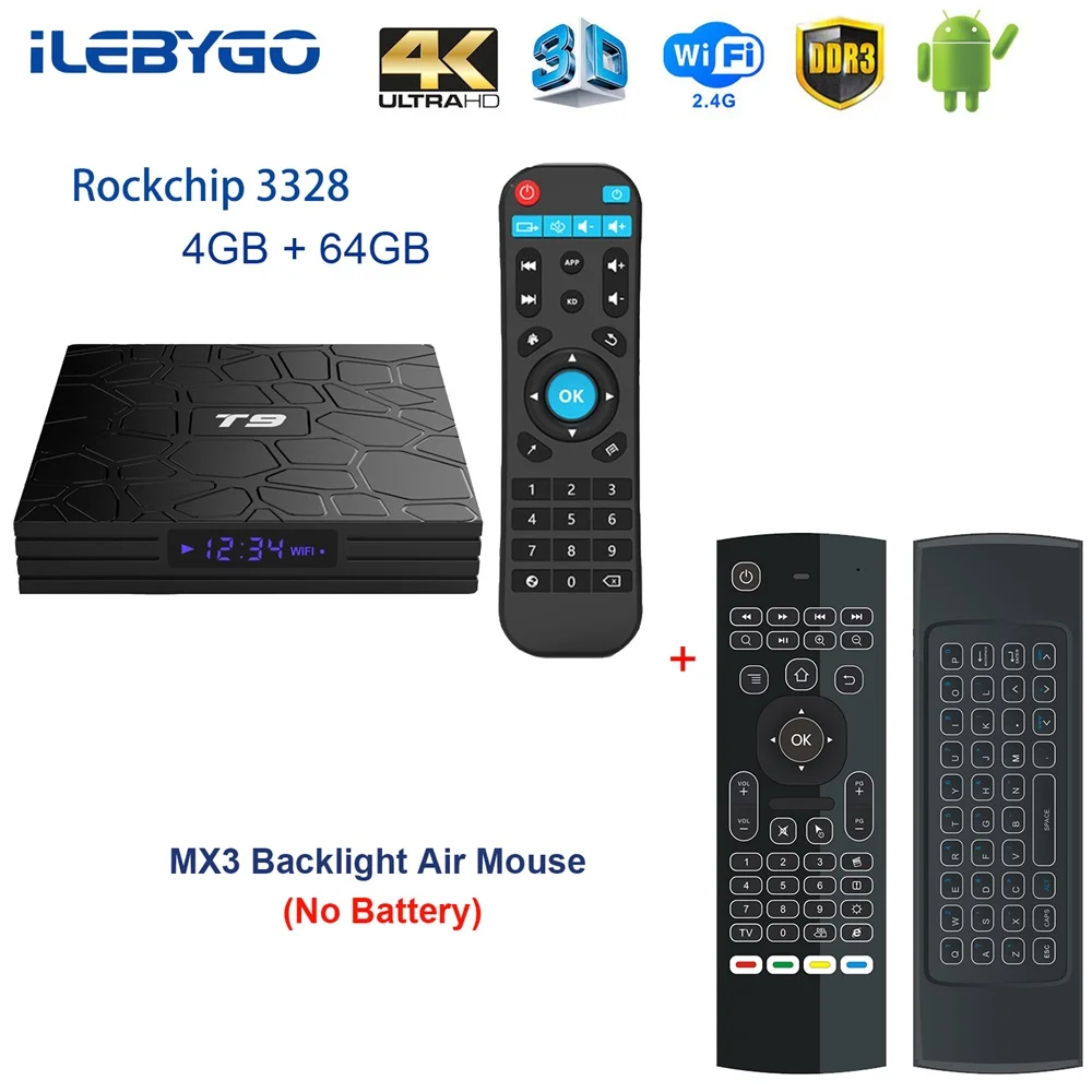4GB 64GB MX3 Ilebygo T9 Android ТВ коробка 4 ГБ, 32 ГБ, 64 ГБ OS 8,1 Smart ТВ-бокс на Rockchip RK3328 1080 P H.265 4 K GooglePlay медиаплеер PK H96 - Цвет: 4GB 64GB MX3