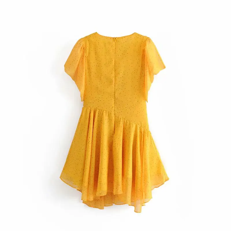 elegant yellow v neck dot print irregular summer dress 2019 women chiffon ruffles mini party female vestidos | Женская одежда
