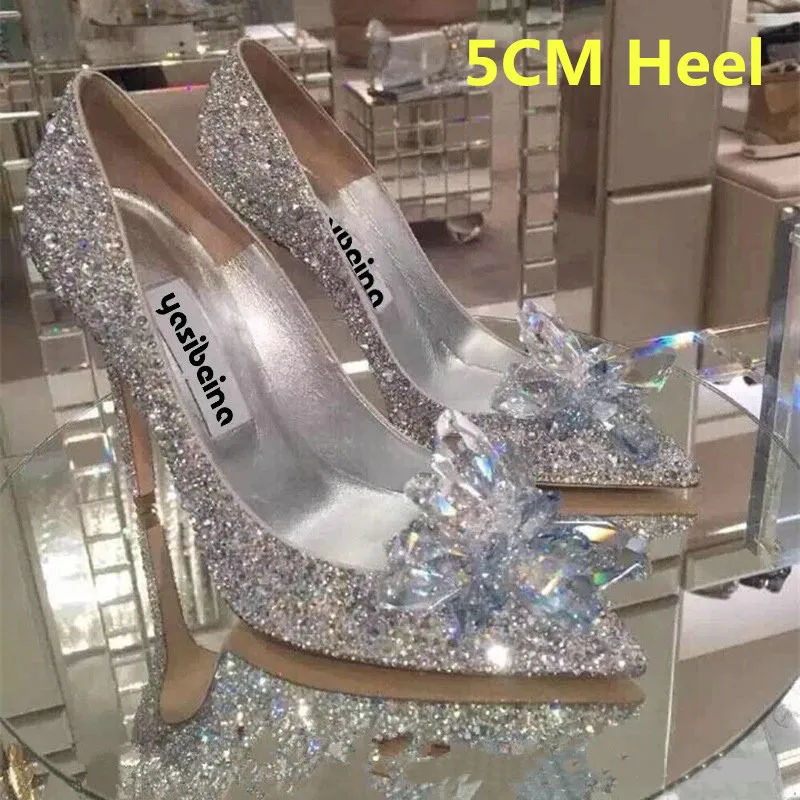 Silver-5CM Г., свадебные туфли в европейском стиле женские туфли со стразами красные свадебные туфли на шпильке с острым носком модные туфли на высоком каблуке для подружки невесты - Цвет: Silver-5CM