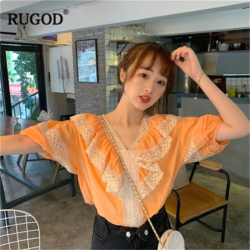 RUGOD New Arrival Women Stiching Shirt V-neck Half Lantern Sleeves Loose Lace Ruffles Blouse Sweet Temperament Mujer Blusa