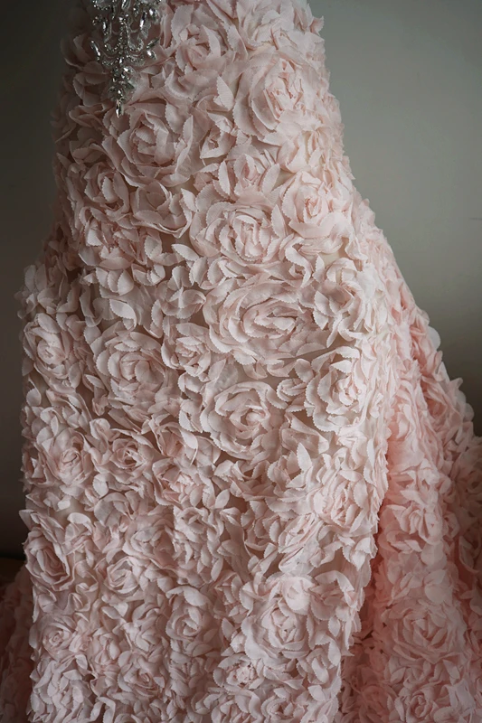 Кружевная шифоновая 3D Розетка светло розовая плиссированная кружевная ткань для