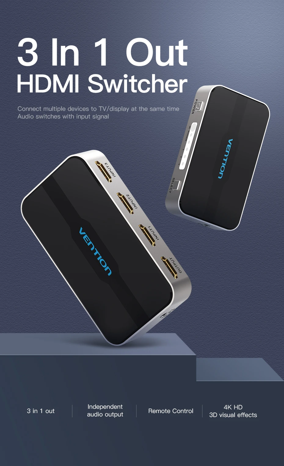Vention Переключатель HDMI 5 вход 1 выход HDMI коммутатор 5X1 для xbox 360 PS4/3 Smart Android HDTV 4 K* 2 K 5 Порты и разъёмы HDMI адаптер