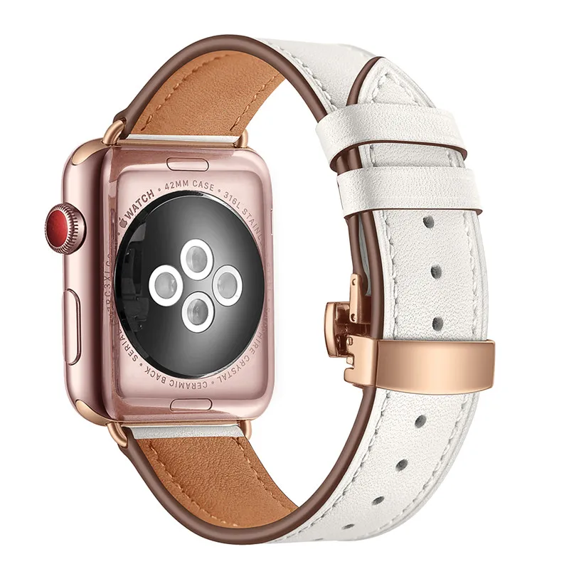Для Apple Watch Band розовое золото металлическая застежка-бабочка кожаный ремень Ремешки для наручных часов для iWatch серии 123 ремешок для часов 38 мм 42 мм