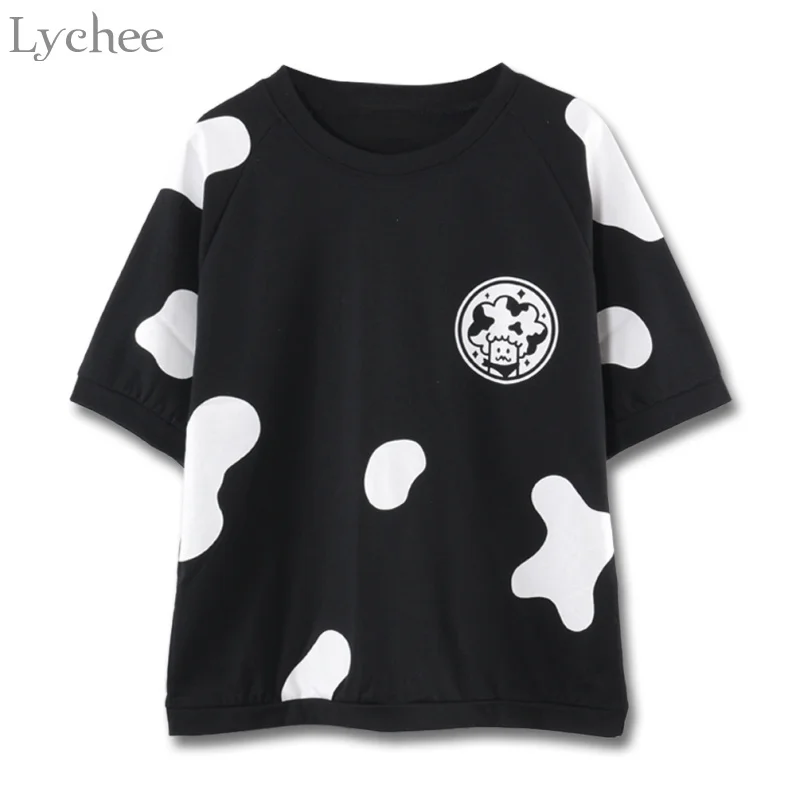 Lychee летняя женская футболка с принтом коровы черный белый цвет Kawaii Милая
