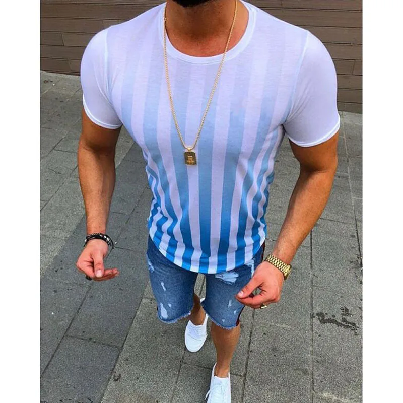 Мужская полосатая футболка с круглым вырезом и короткими рукавами облегающий