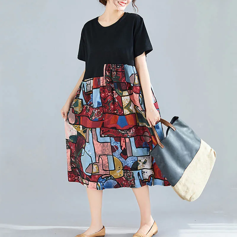 Летнее женское платье большого размера из хлопка и льна с круглым вырезом