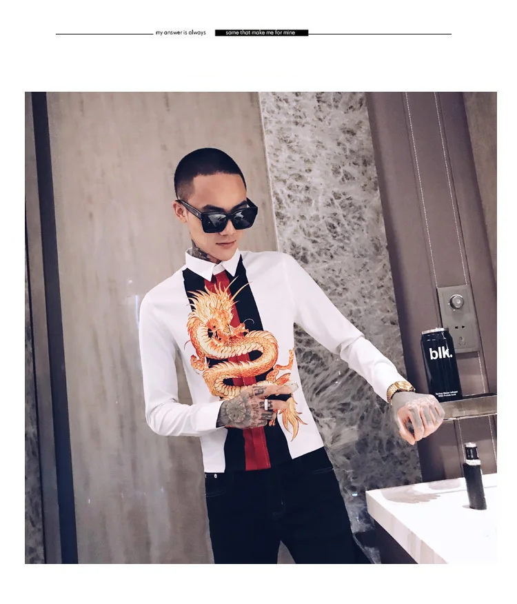 Роскошные сплайсированные ночной клуб смокинг модное платье рубашка Camisa Hombre Slim Fit рубашка Мужская Уличная с принтом дракона Мужская рубашка мужские рубашки
