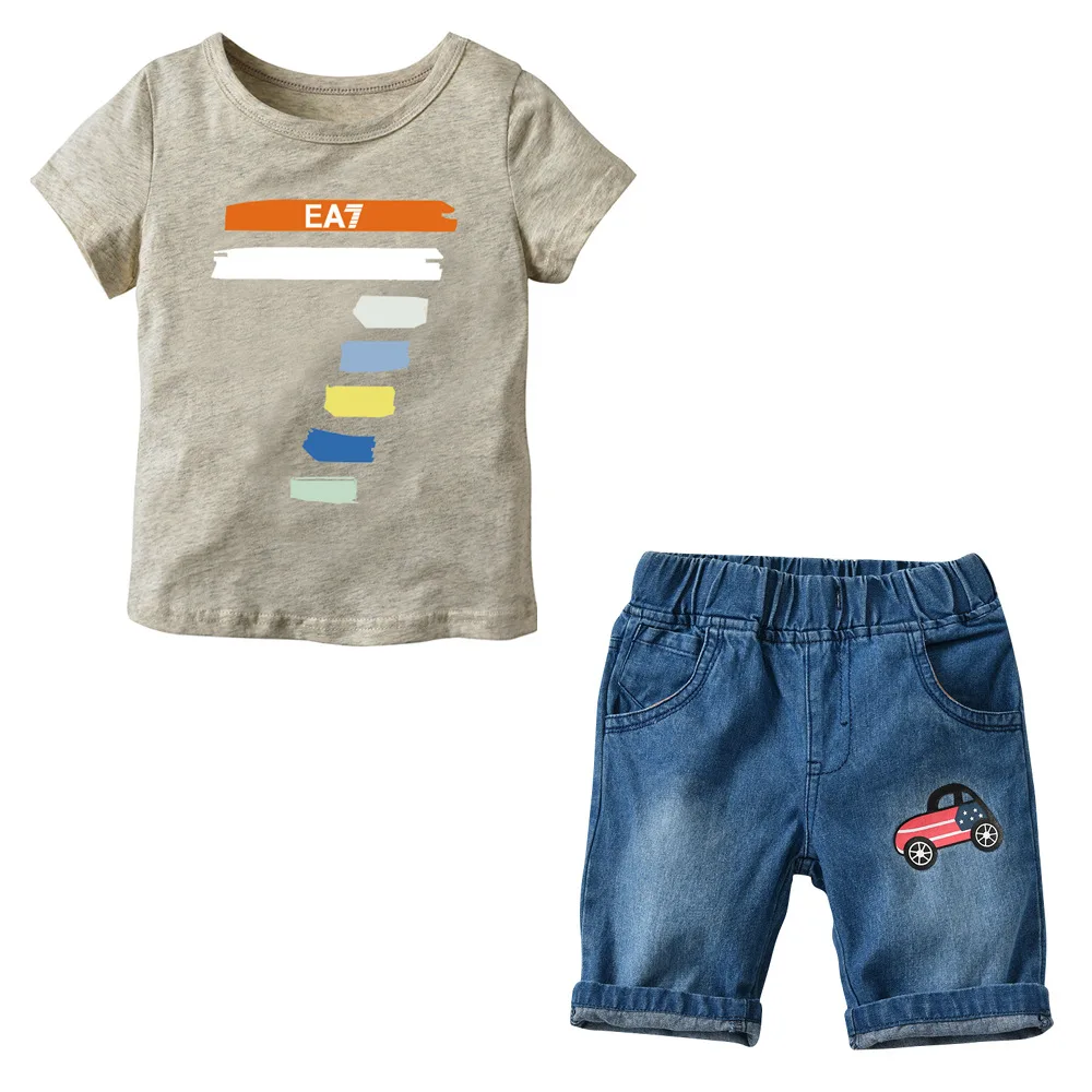 Shorts Boys 2018 New Summer Kids Clothing Brand Cotton Beige Short Sleeves Tee With Jeans Children Clothes Set Free Shipping |