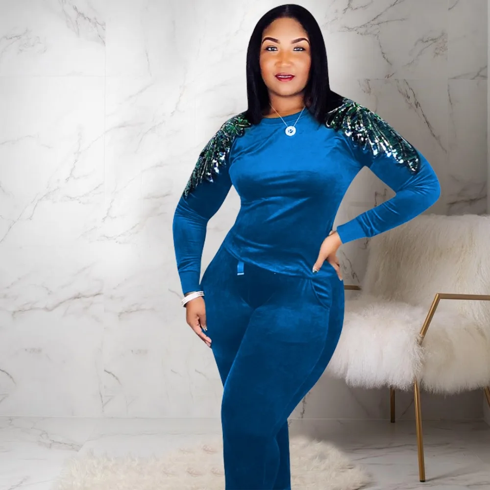 

Round Neck Velvet Women Full Sleeve Tops With Pants Women Two Piece Set