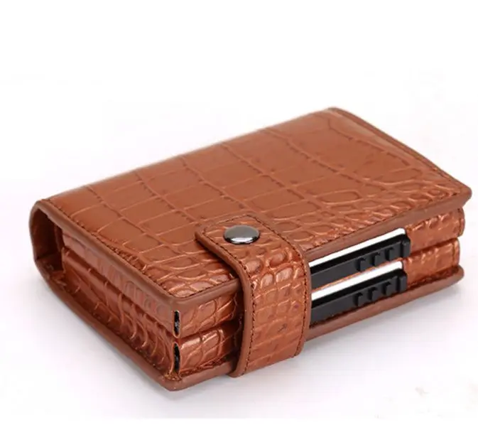 Brown alligator pu Новинка, мужские кошельки из искусственной кожи с алюминиевым Карбоновым волокном, мини тонкий кошелек, RFID, держатель для карт, ID, кошельки, бизнес держатель для карт - Цвет: Brown alligator pu