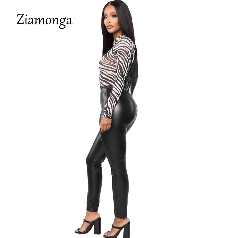 Ziamonga зебра с длинным рукавом для женщин боди высоким воротником Sexy Тонкий Топ