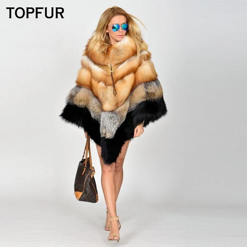 TOPFUR Real Fur Coat Women Natural Fox Fur Cape Women Cape Shawl Real Red Fox Fur Cape Shawl Bat Sleeved Fox Fur Cape Streetwear