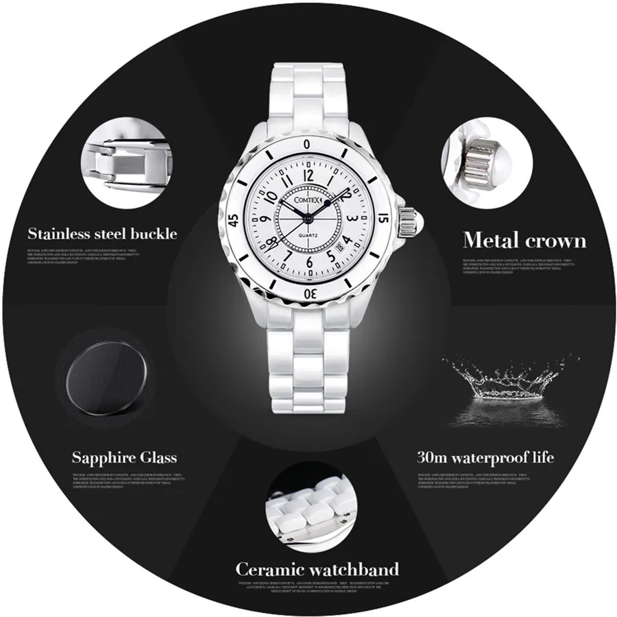 COMTEX часы женские Швейцарский Моды Белые керамические Часы женщины Кварц платье
