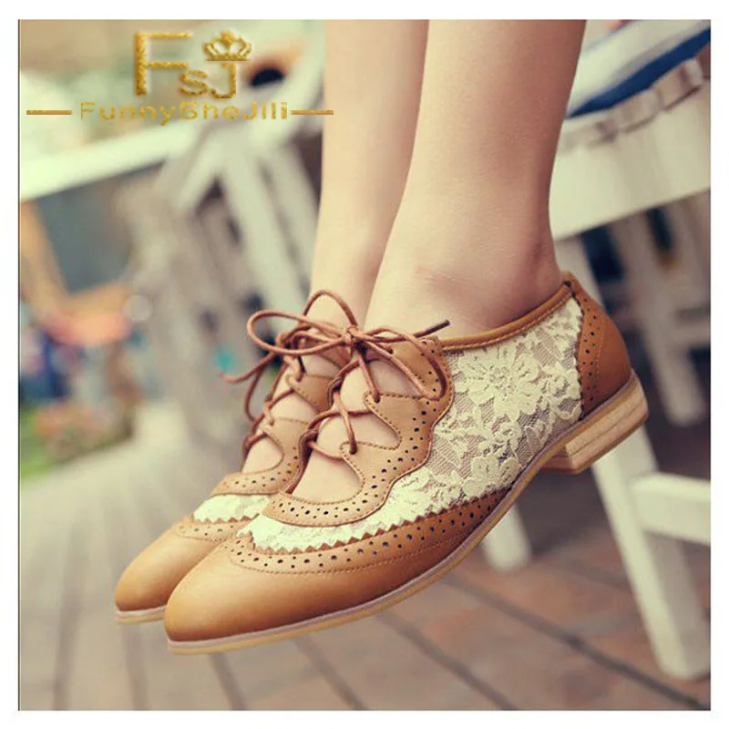 

Brown Lace Women's Oxfords Vintage Shoes Lace-up Comfortable Flats EmbroiderAttractive Noble Incomparable FSJ Sexy Elegant