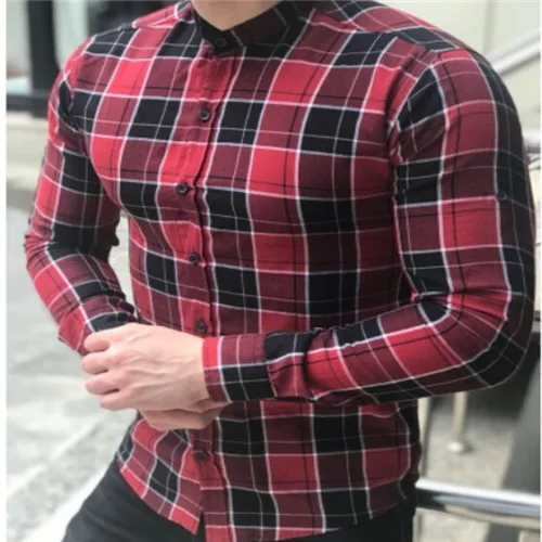 Красный Men's Shirts Checked Plaid Long Sleeve Slim Shirt V-Neck Formal Spring NEW Fashion Casual Men Tops Shirt - Цвет: Красный