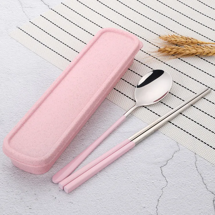 Pink Set Черный 18/8 нержавеющая сталь еда палочки для еды ложка набор с длинной ручкой плоские Нескользящие палочки для еды набор столовых приборов путешествия с портативной коробкой - Цвет: Pink Set