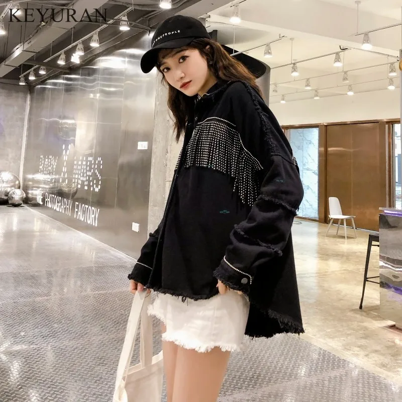 Женские джинсы на кнопках черная Повседневная куртка с отложным воротником и