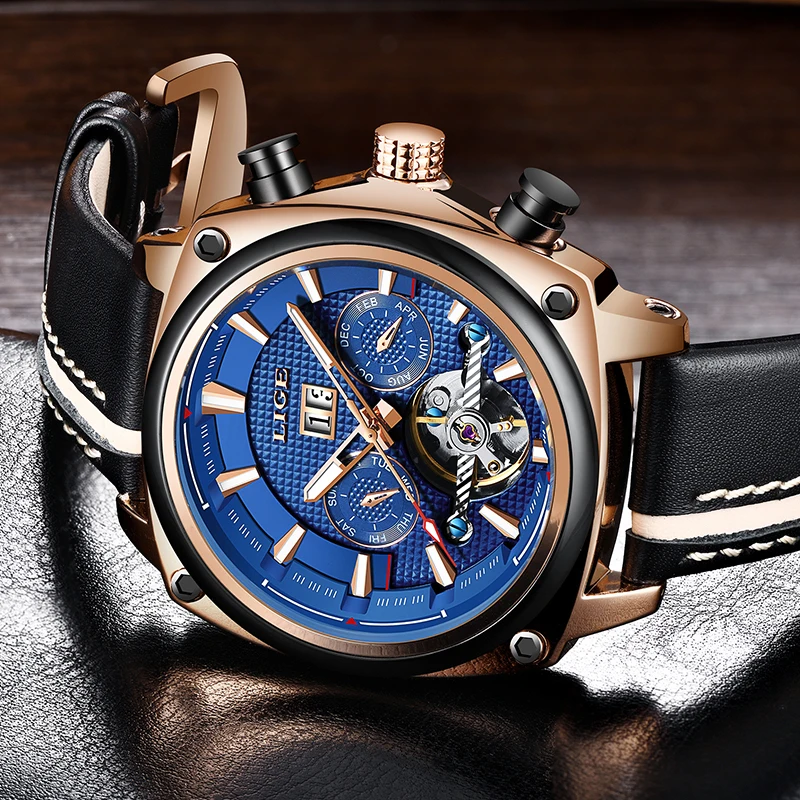 Часы наручные LIGE мужские механические брендовые роскошные спортивные