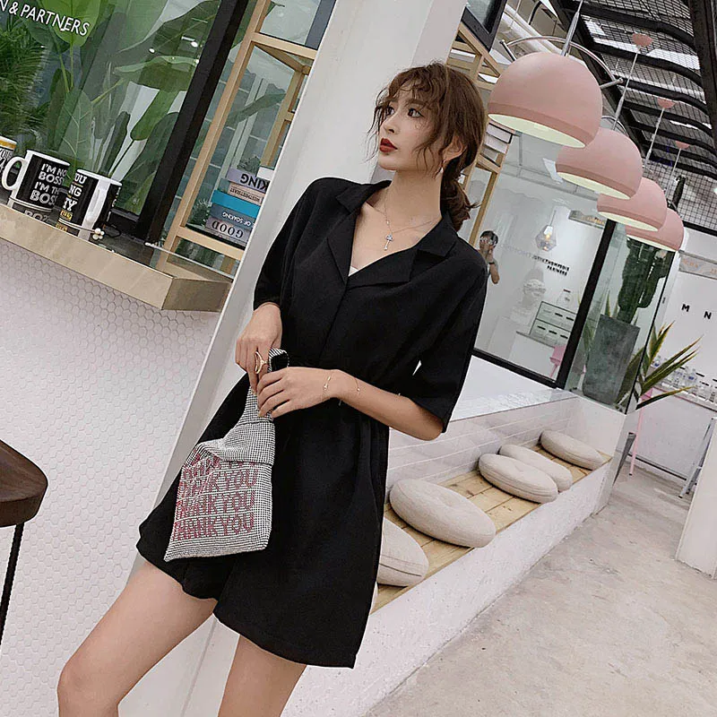 Mini Length Playsuit Новое поступление, женский комбинезон с высокой талией, на шнуровке, короткий рукав, Ретро стиль, элегантный черный комбинезон с широкими штанинами, с поясом, S96101F - Цвет: Mini Length Playsuit