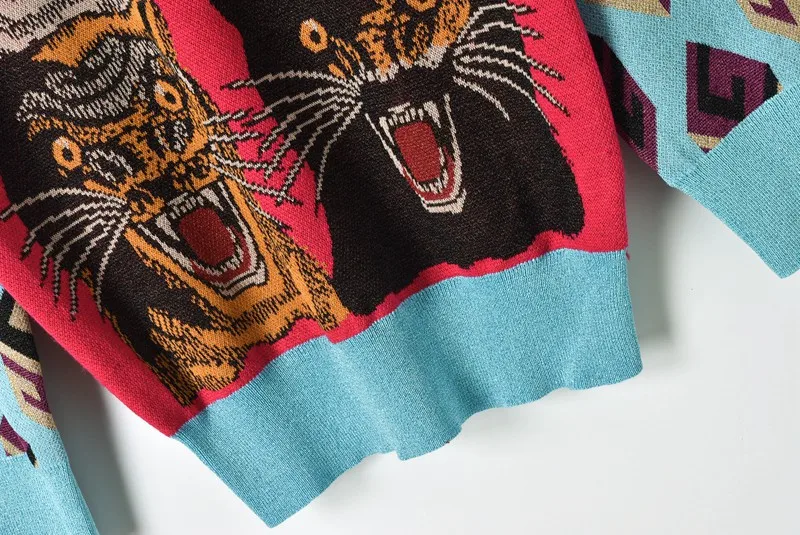 Fashion Women Sweater Tiger Head Cube Pattern Jacquard Knitted Pullovers Long Sleeve Winter Cool Runway | Женская одежда