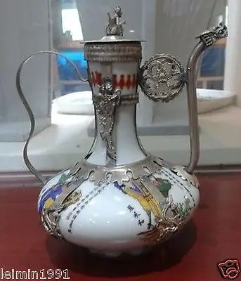 

house decoration crafts Collectible Decorated Exquisite Chinese Tibet silver white porcelain teapot tools wedding Brass
