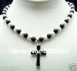Благородный культивированный белый жемчуг и черное ожерелье 17 &quot+ крест