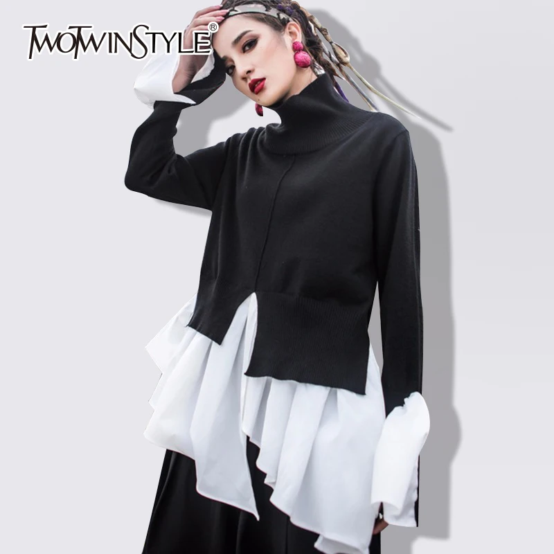 TWOTWINSTYLE Knitting Turtleneck Sweater Womens Flare Sleeve Ruffles Patchwork Draped Irregular Pullover Spring Fashion Harajuku | Женская